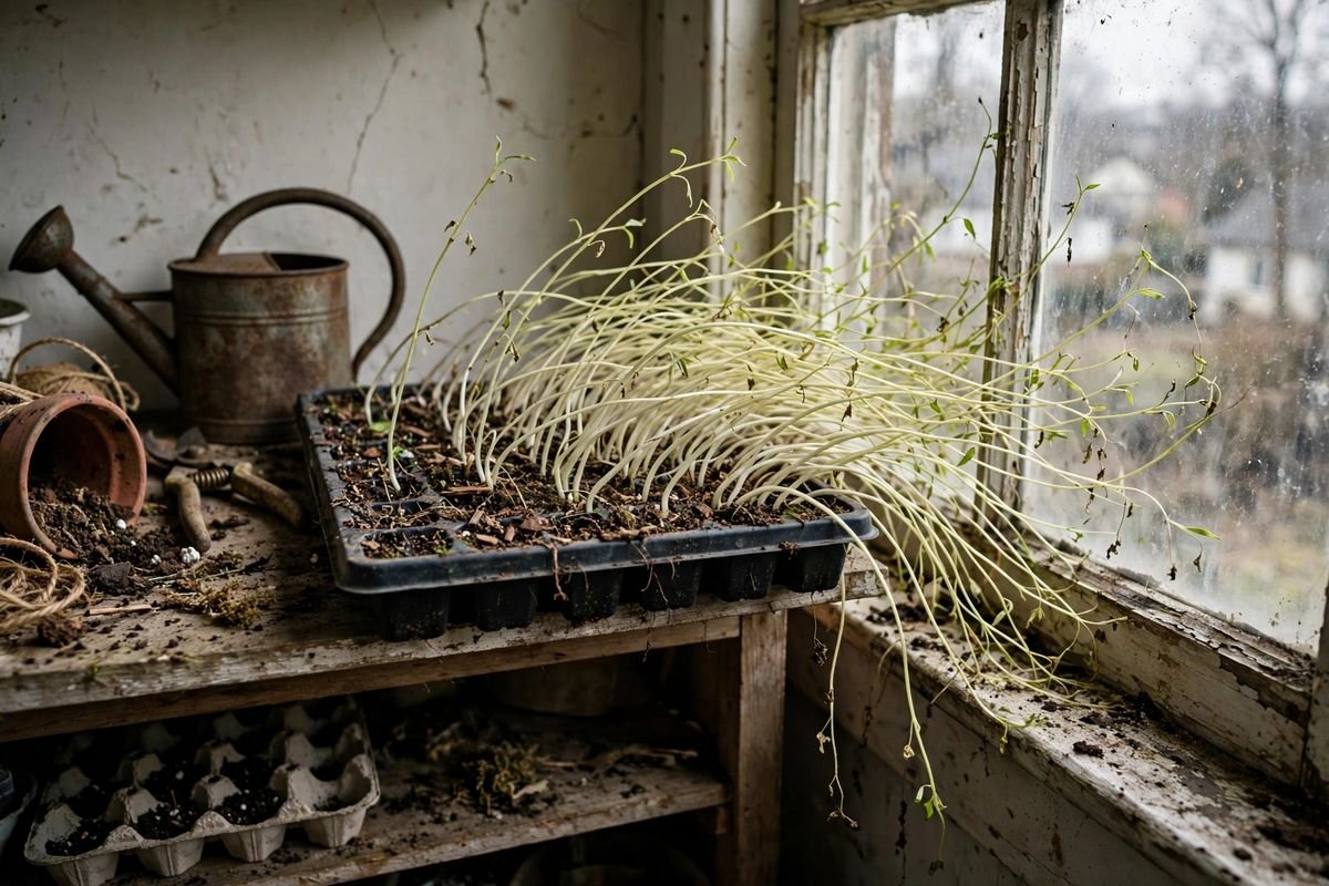 Pale leggy seedlings leaning toward weak window light with long thin stems in a crowded seed tray