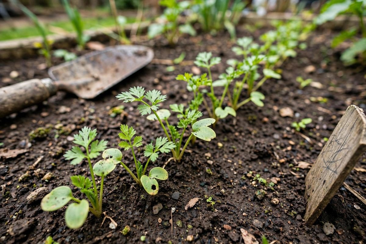 Parsnip seedlings with small parsley-like leaves emerging in a row in moist garden soil