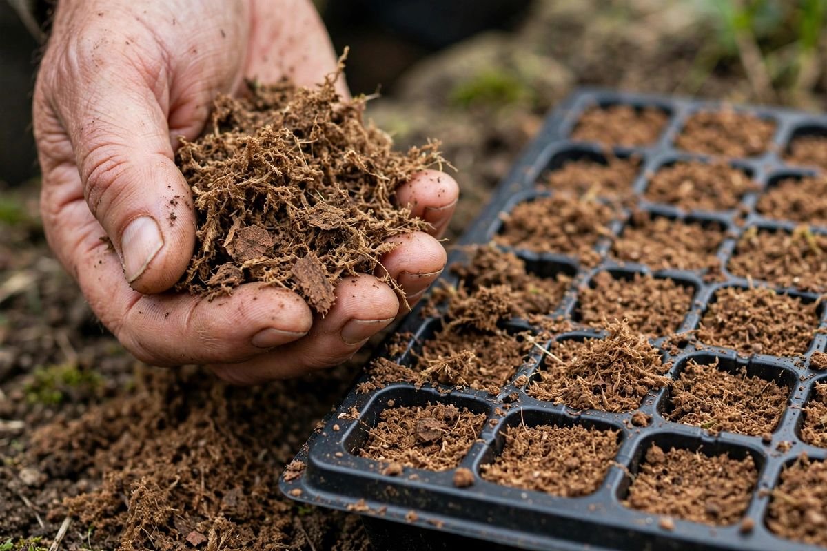 Peat moss texture held in a hand beside a seed tray, showing fine dry particles next to filled cells
