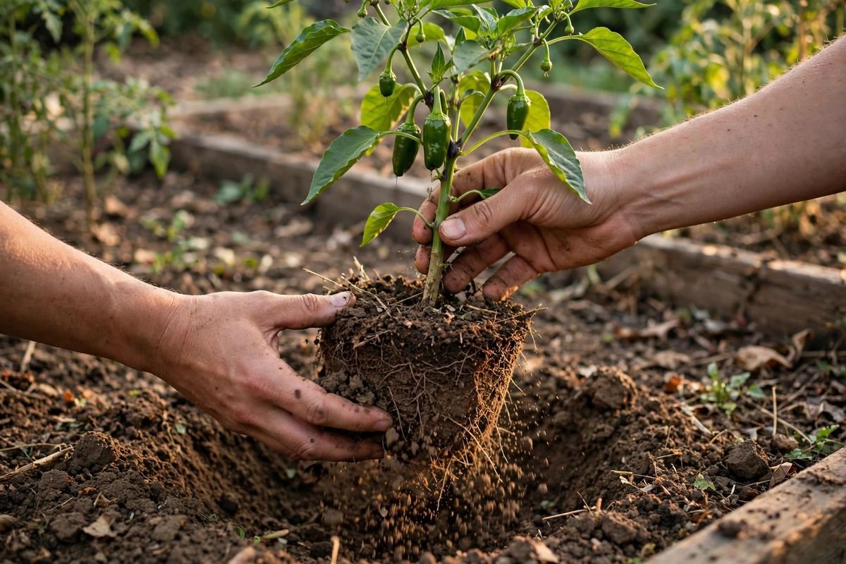 Pepper plant with soil around the roots being lifted from a garden bed in late afternoon light