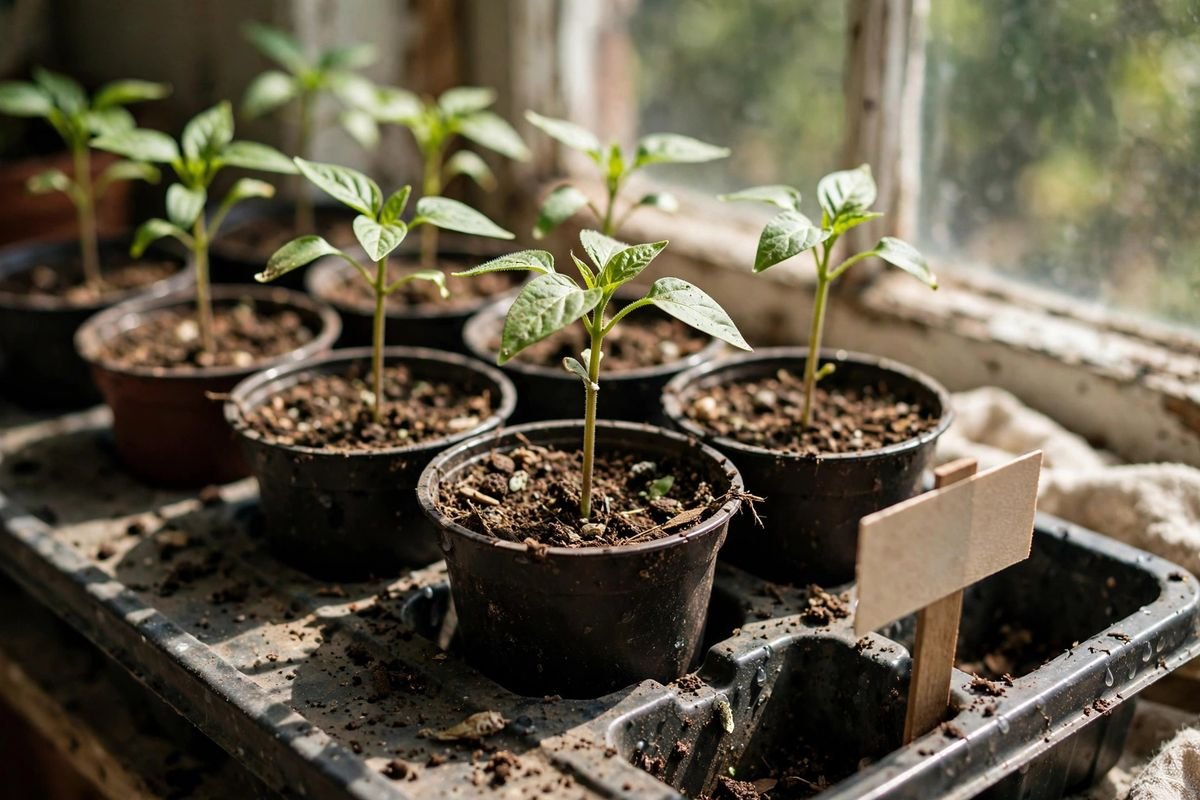 Pepper seedlings in small pots on a sunny indoor tray beside a window