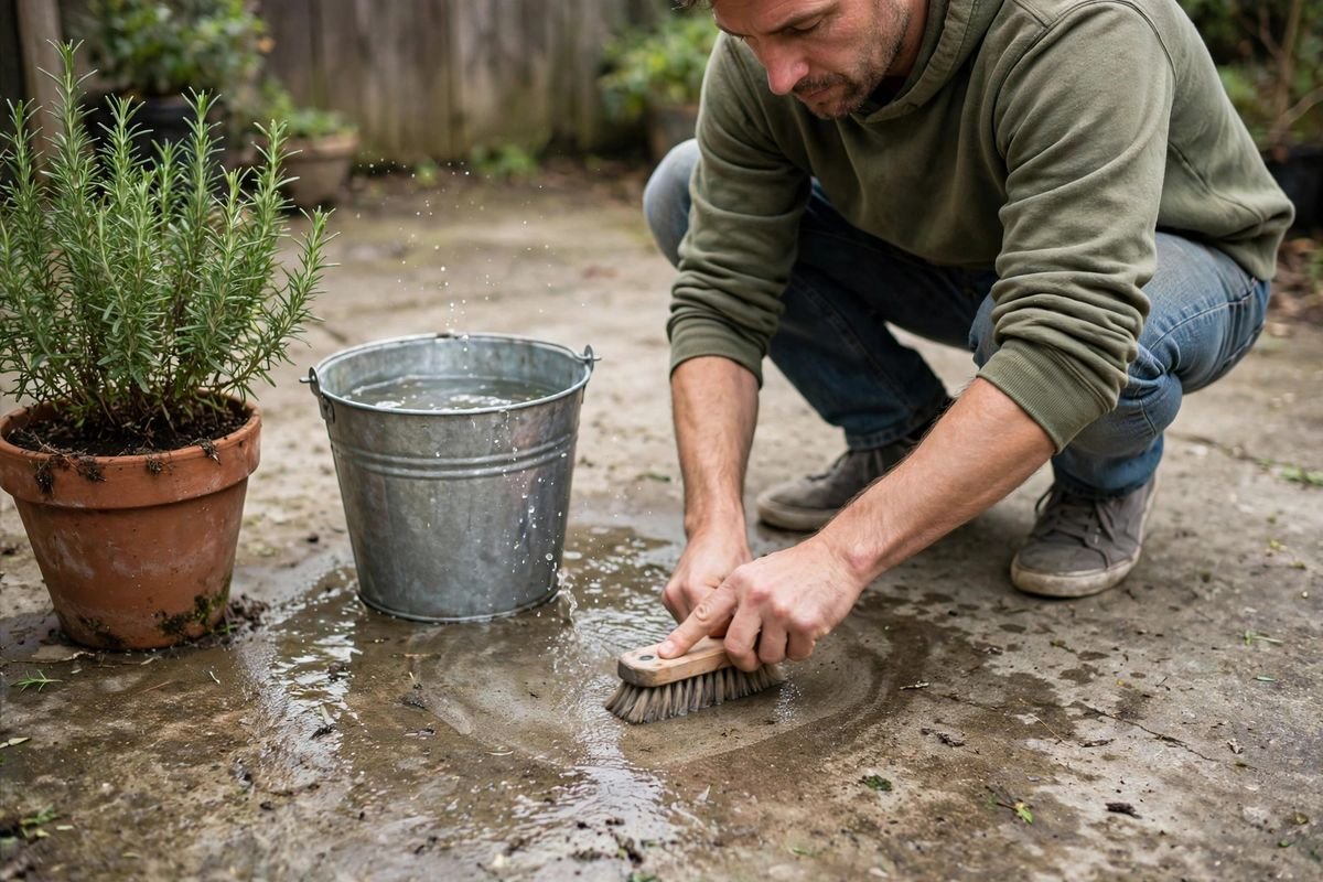 A person scrubbing a faint stain on a concrete patio with a stiff brush, with a bucket of water beside a potted plant