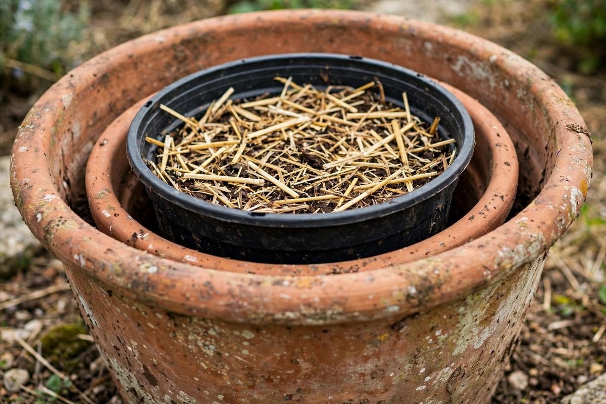 A plastic pot slipped inside a larger empty terracotta pot with straw mulch on the soil