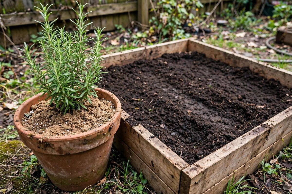 A potted plant and a raised bed side by side, showing potting soil in the container and garden soil worked into the bed