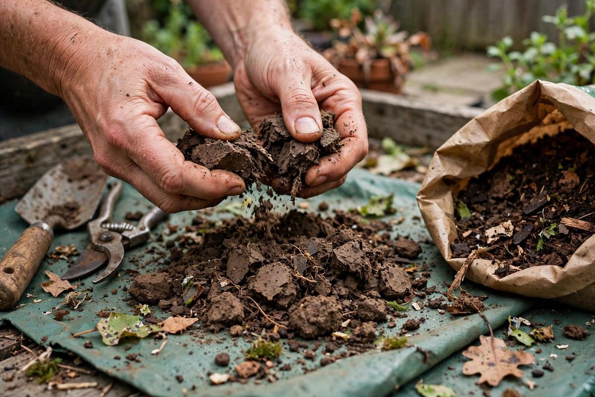Potting bench with old soil, a bag of compost, perlite, and fertilizer ready for refreshing