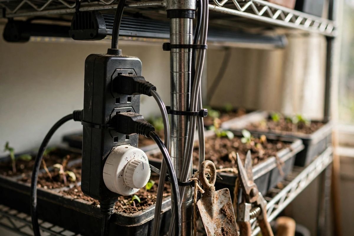 Power strip, outlet timer, and neatly routed cables mounted on the side of an indoor shelving unit away from water