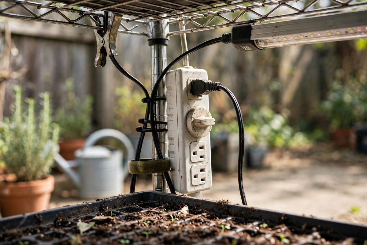 Power strip and outlet timer on a seed-starting shelf with cords routed along the shelf leg
