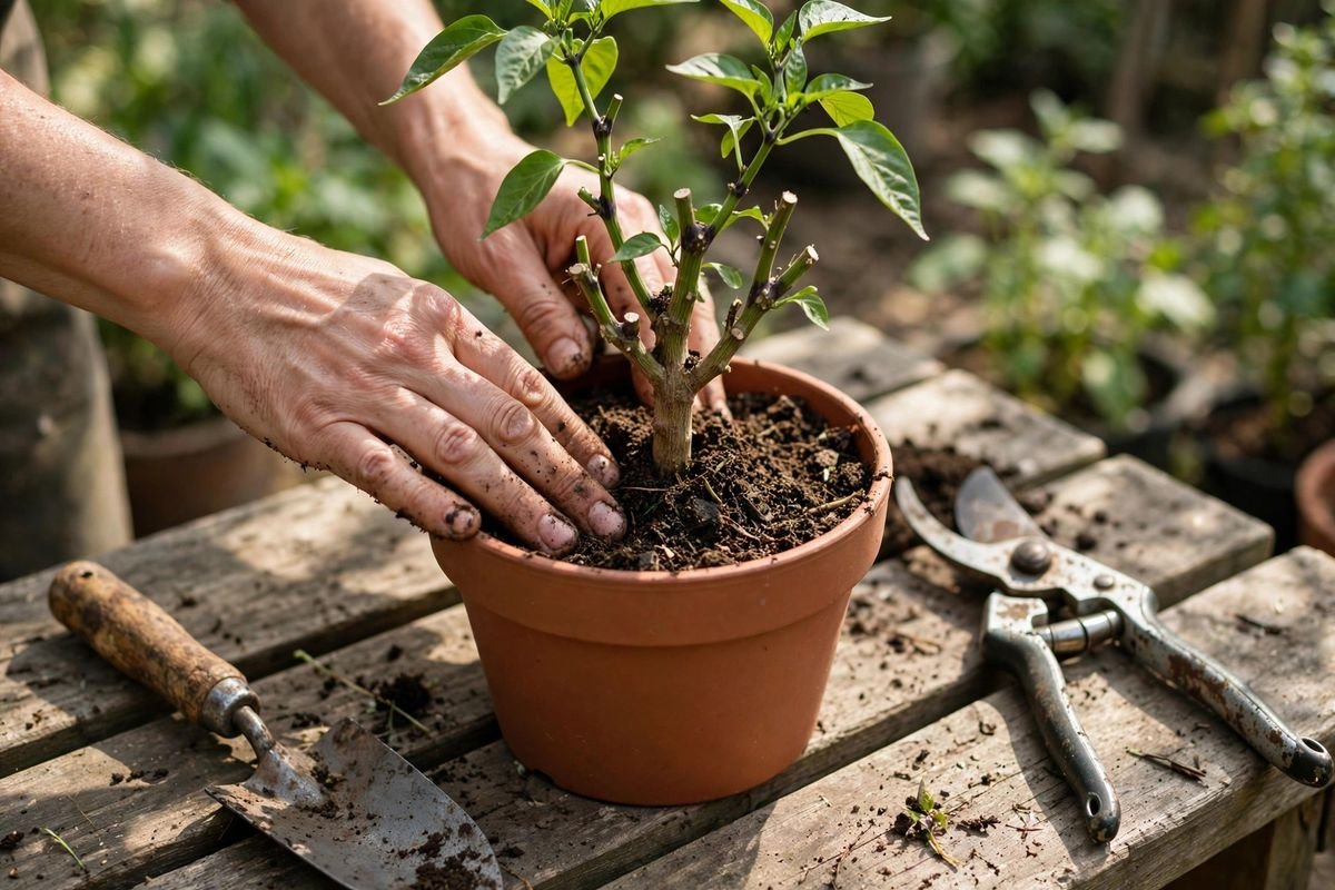 Pruned pepper plant being settled into a clean pot with fresh potting mix on a bench