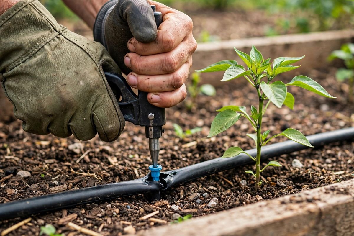 Punching an emitter into a drip line beside a young pepper plant in a raised bed
