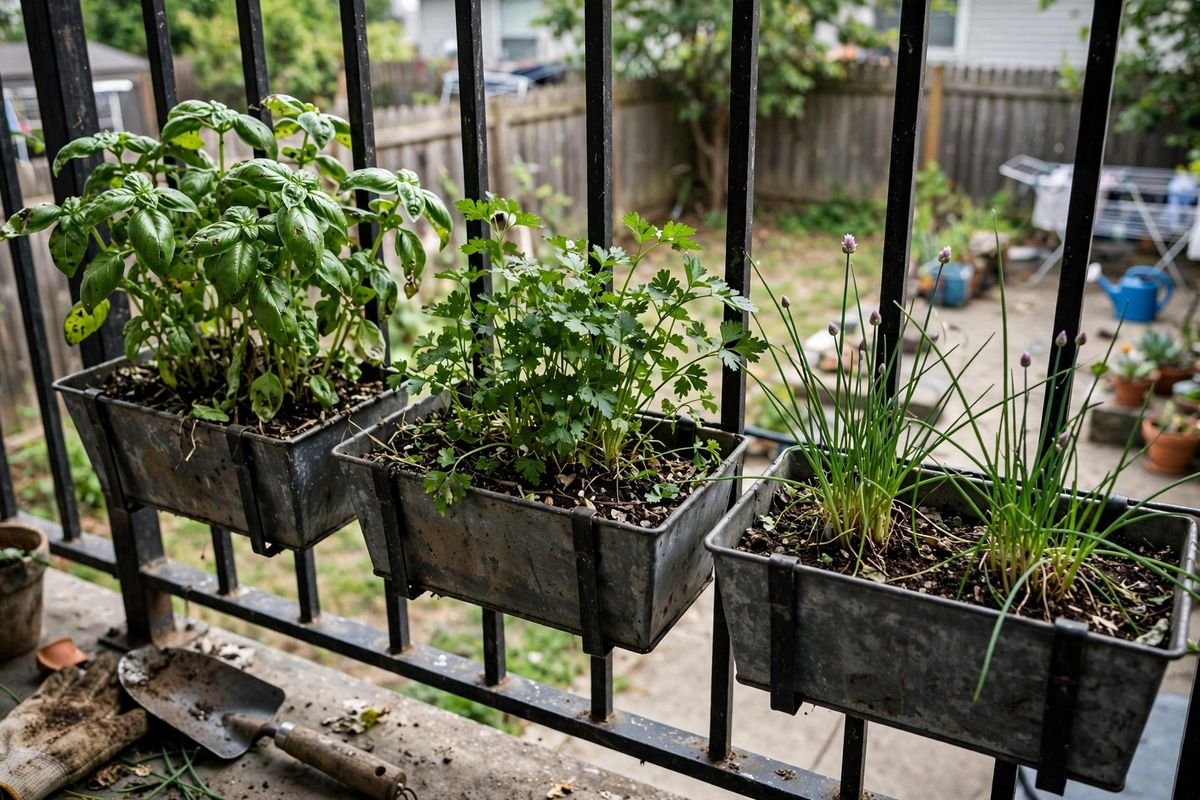Railing planter boxes with herbs mounted on an apartment balcony railing