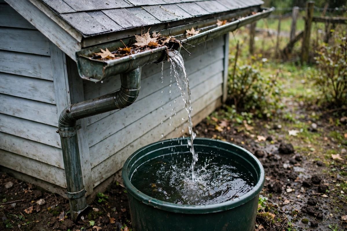 Rainwater running from a roof downspout into the open top of a rain barrel beside a small house