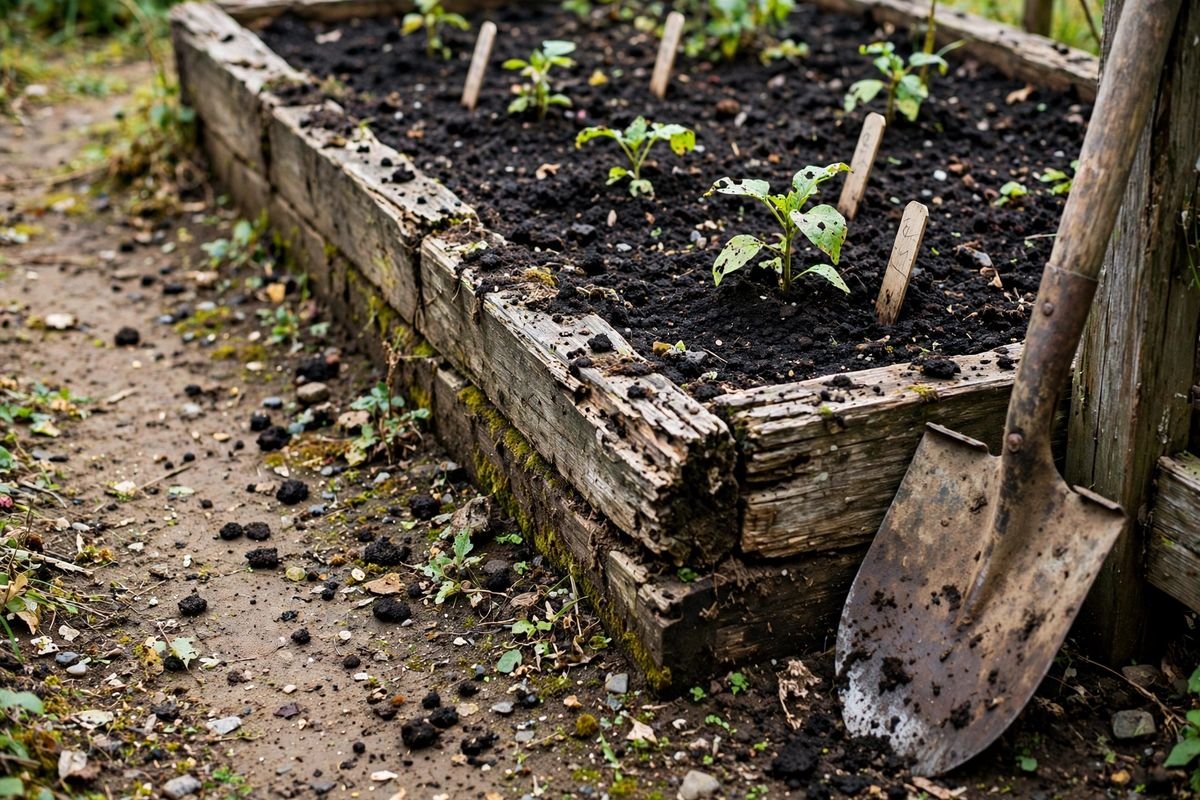 Raised bed edge with imported soil beside a native-soil path, a shovel resting against the frame