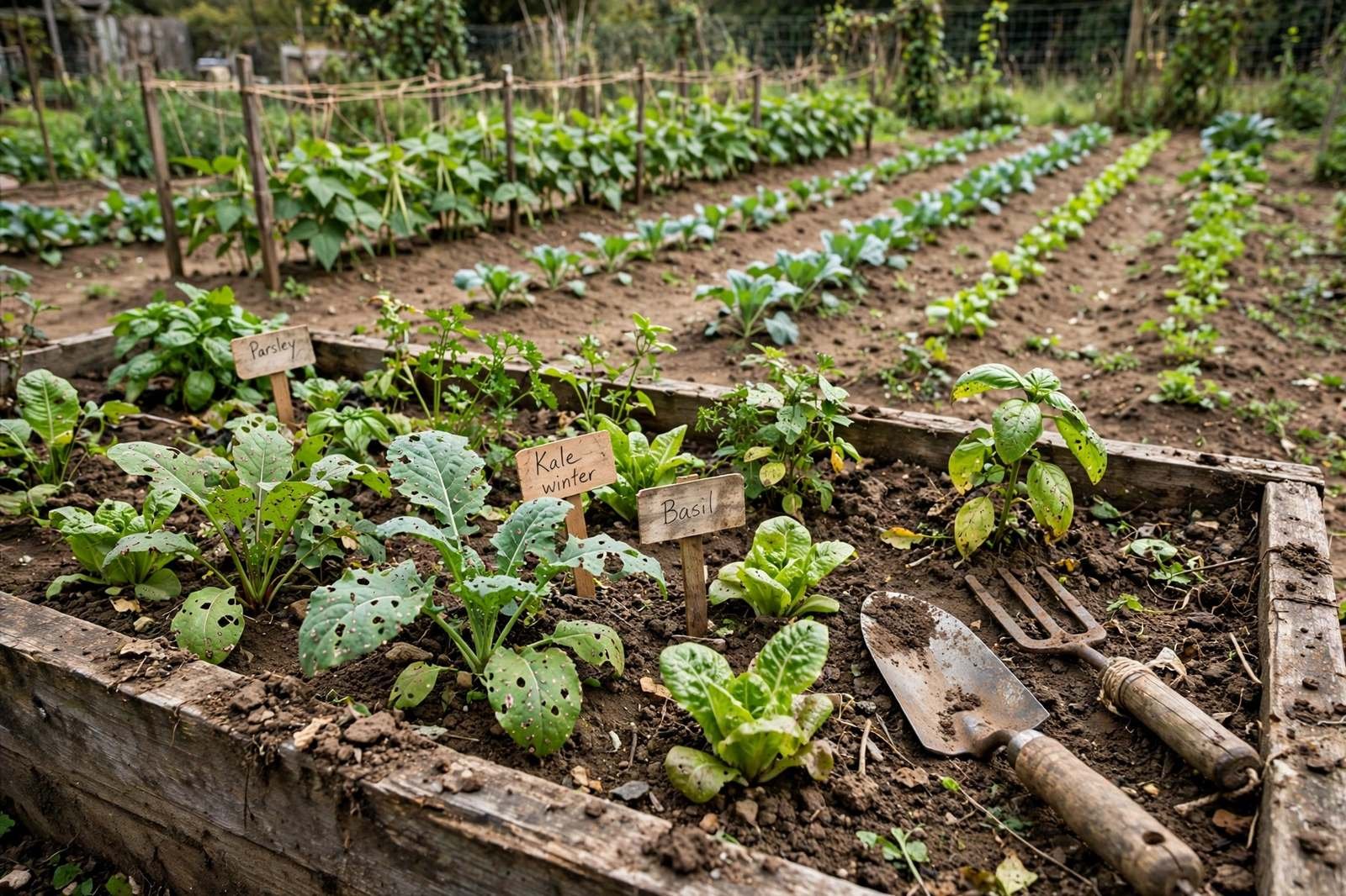 A raised bed in the foreground with rows of vegetables growing directly in the ground behind it