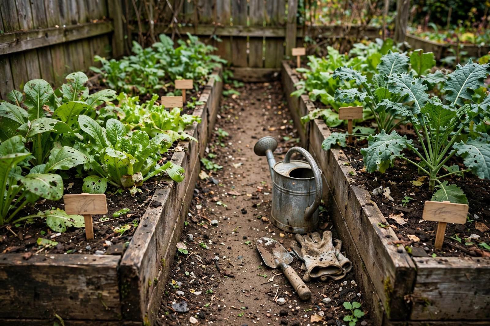 Two small raised beds along a fence in a compact backyard, paths just wide enough for a watering can