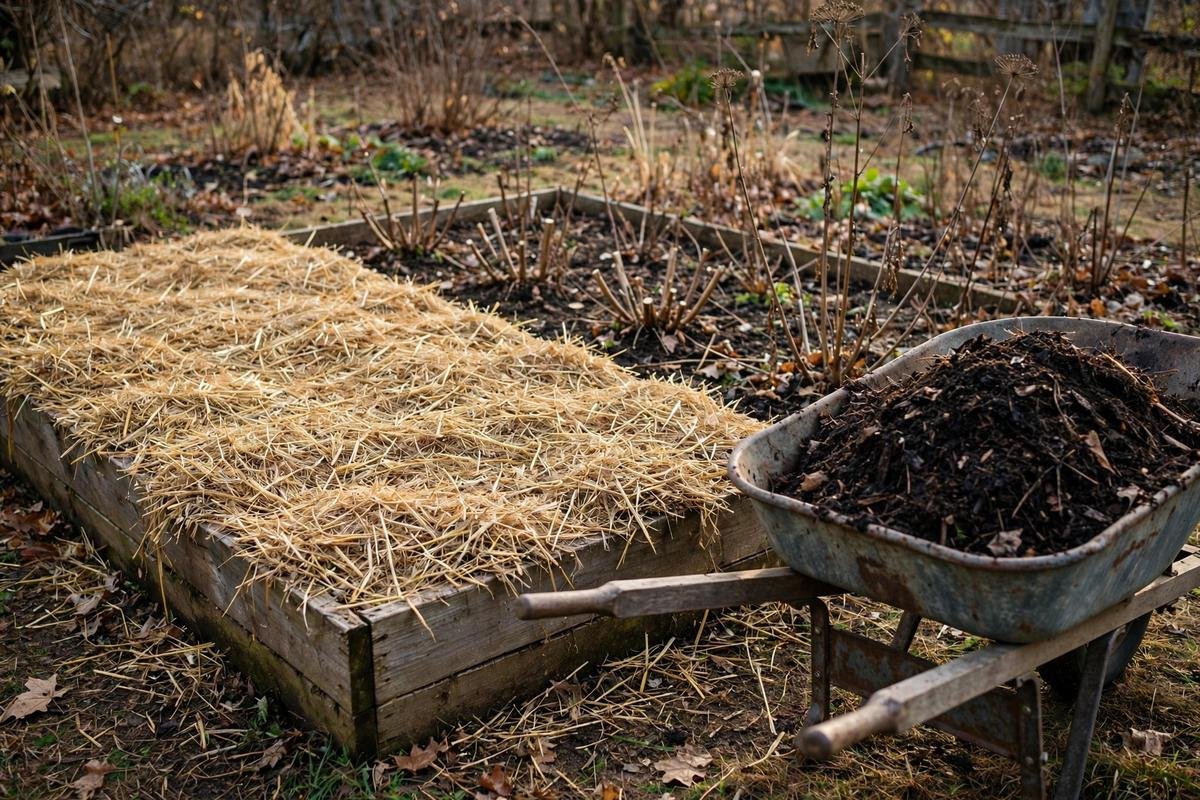 Raised wooden bed in late fall with straw mulch, a few frosted kale leaves, and soil crumbs scattered on the bed edge