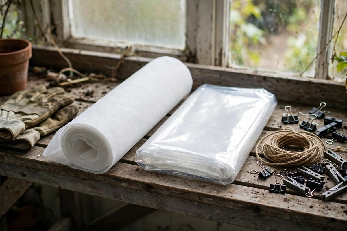 Rolls of frost cloth and folded clear plastic stored side by side on a potting bench with plant markers and twine in flat daylight