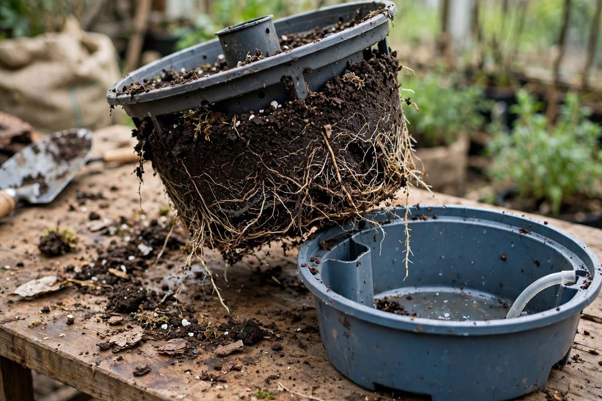 Roots and damp potting mix visible in a self-watering pot lifted from its outer shell, with soil crumbs on a workbench