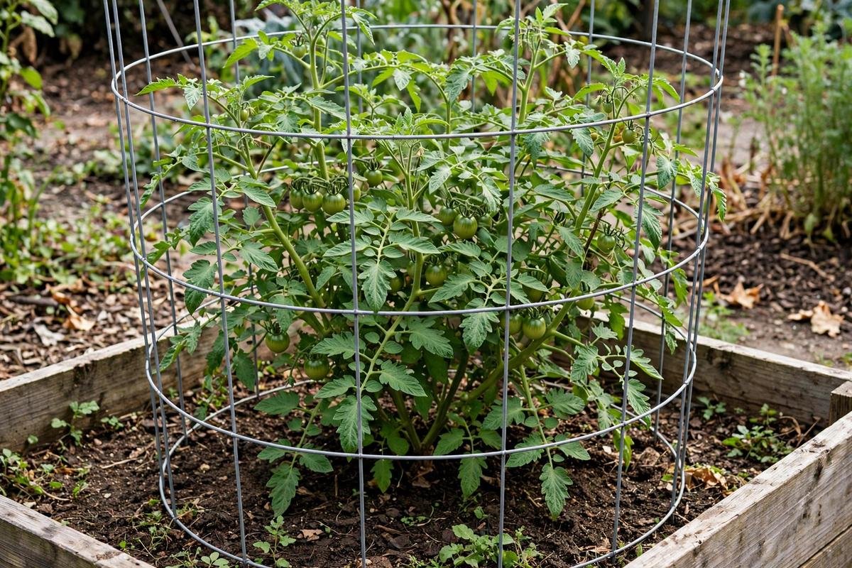 A round wire tomato cage around a bushy tomato plant in a raised bed, with small green tomatoes inside