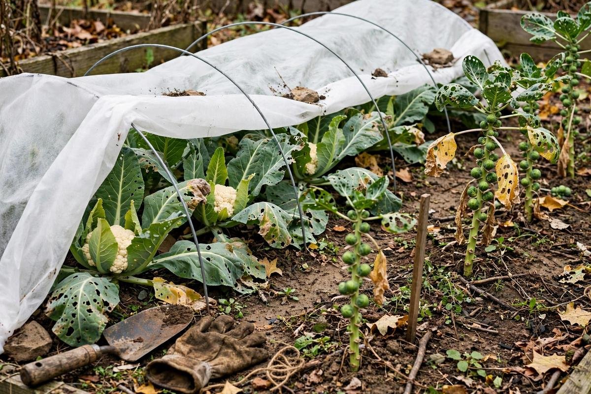 Row of cauliflower plants growing under floating row cover supported by hoops in a fall bed