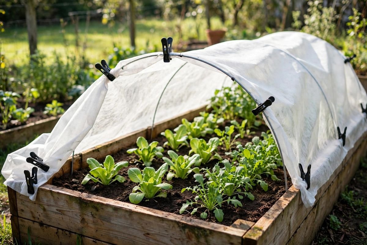 Row cover lifted and clipped open on one side of a raised bed on a bright morning with healthy green leaves visible inside