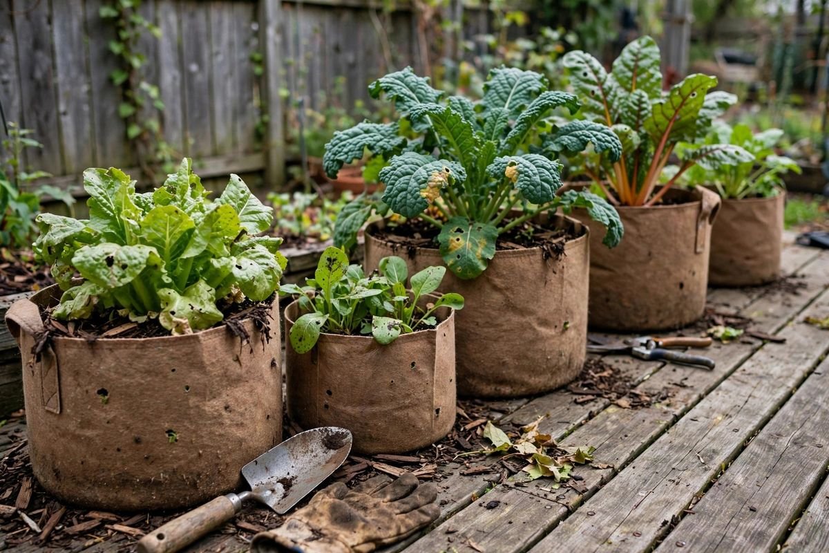 Row of fabric grow bags with leafy vegetables on a backyard deck