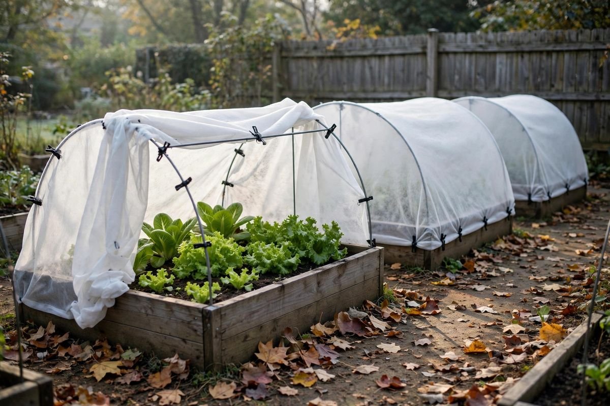 Row of hooped raised beds covered with frost cloth in soft morning light, one cover partly lifted to show green lettuce underneath