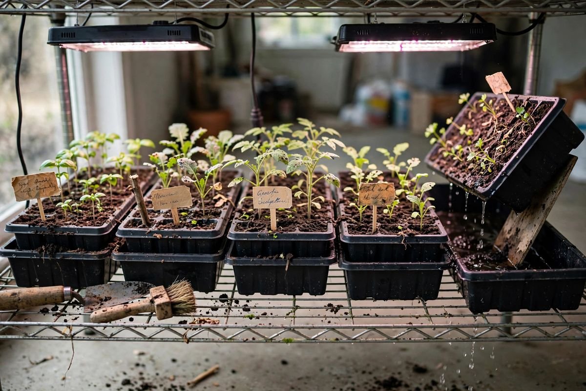 Row of seed trays in solid bottom trays on a wire shelf under lights, one tray tilted to drain