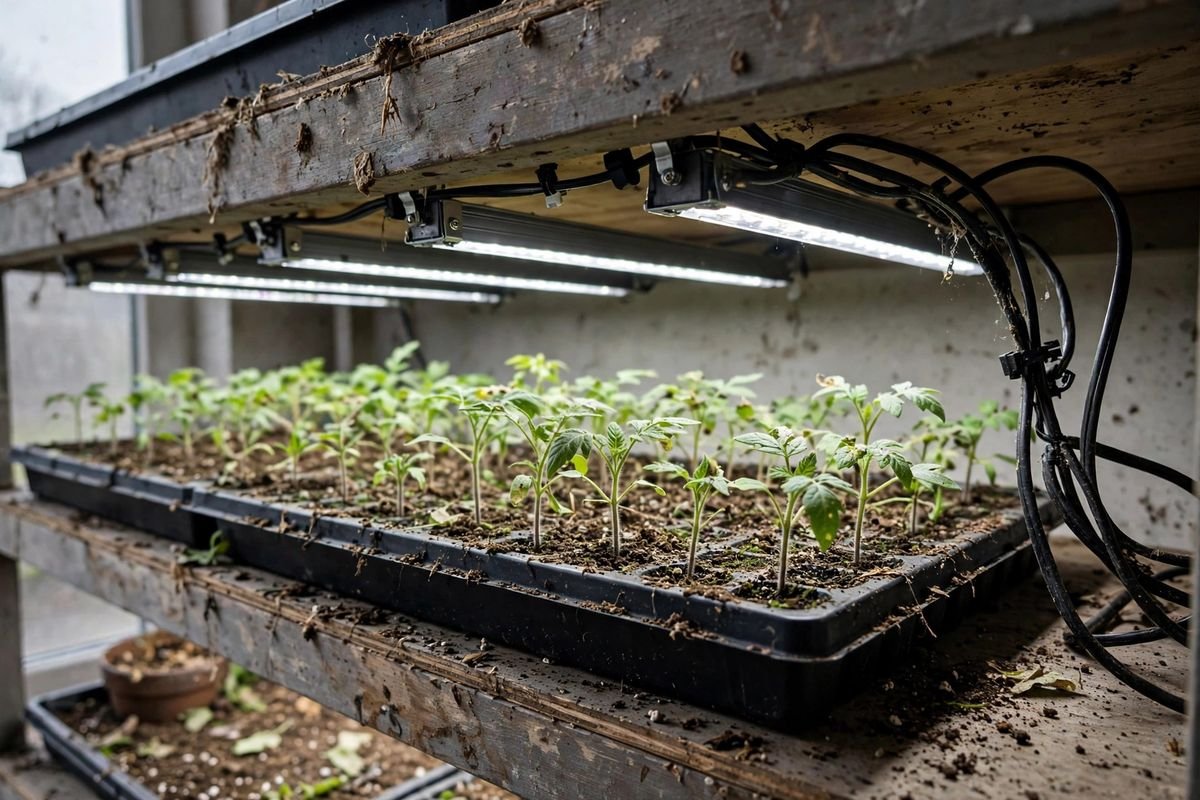 A row of slim grow light bars mounted under a shelf above a long seedling tray, with cords routed along the shelf frame