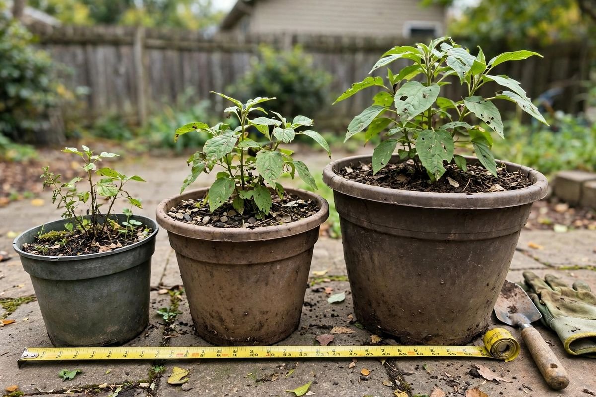 Row of three pots in increasing sizes with a yellow tape measure on a patio for scale, smallest to largest left to right