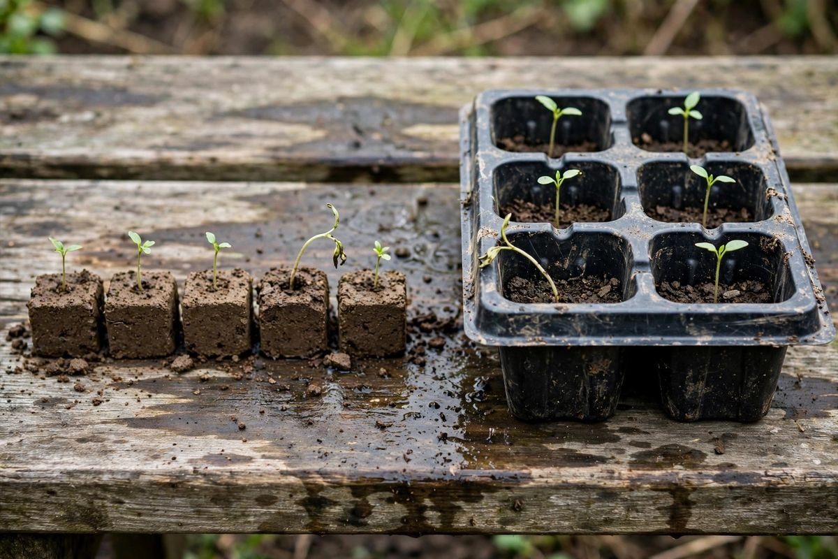 A row of two-inch soil blocks with tiny seedlings on the left beside a black plastic six-pack of cells with matching seedlings on the right, on a bench in natural light