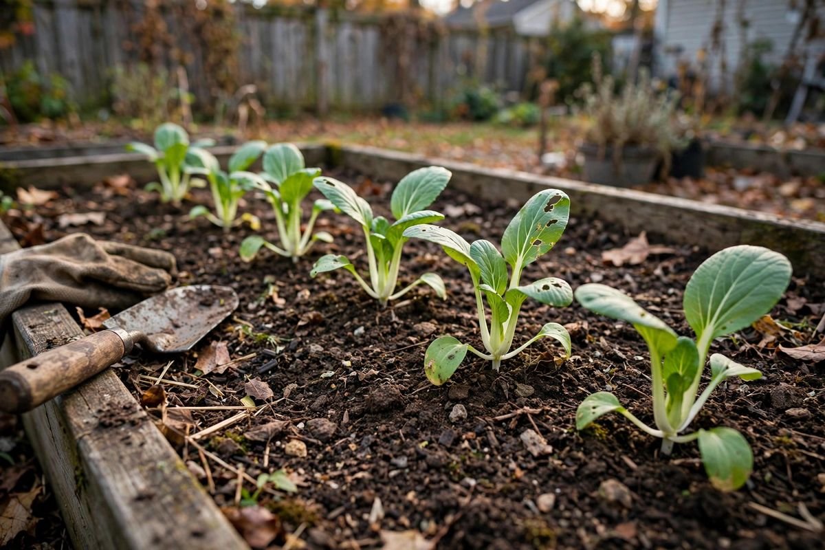 Row of young bok choy plants with white stalks growing in a raised bed in fall light