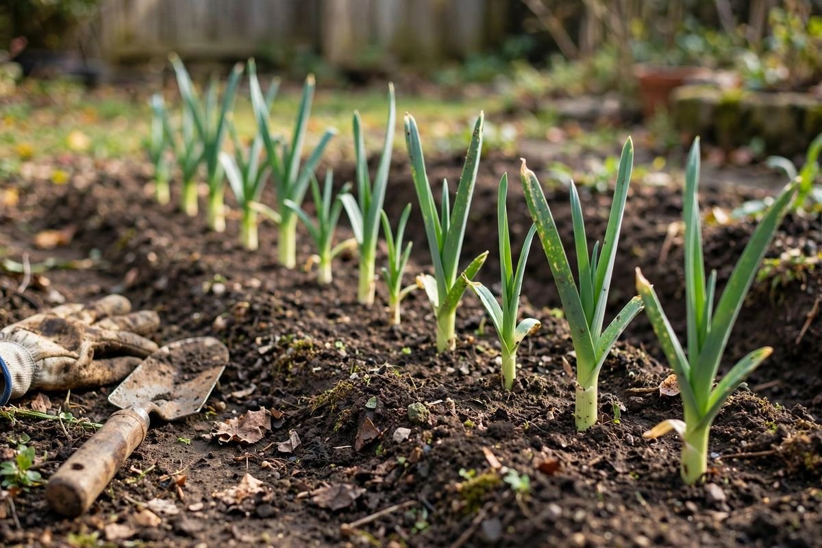 Row of young leek transplants standing upright in a shallow trench in dark garden soil