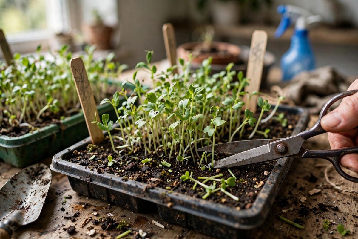 Scissors cutting microgreen stems just above the soil line in a tray