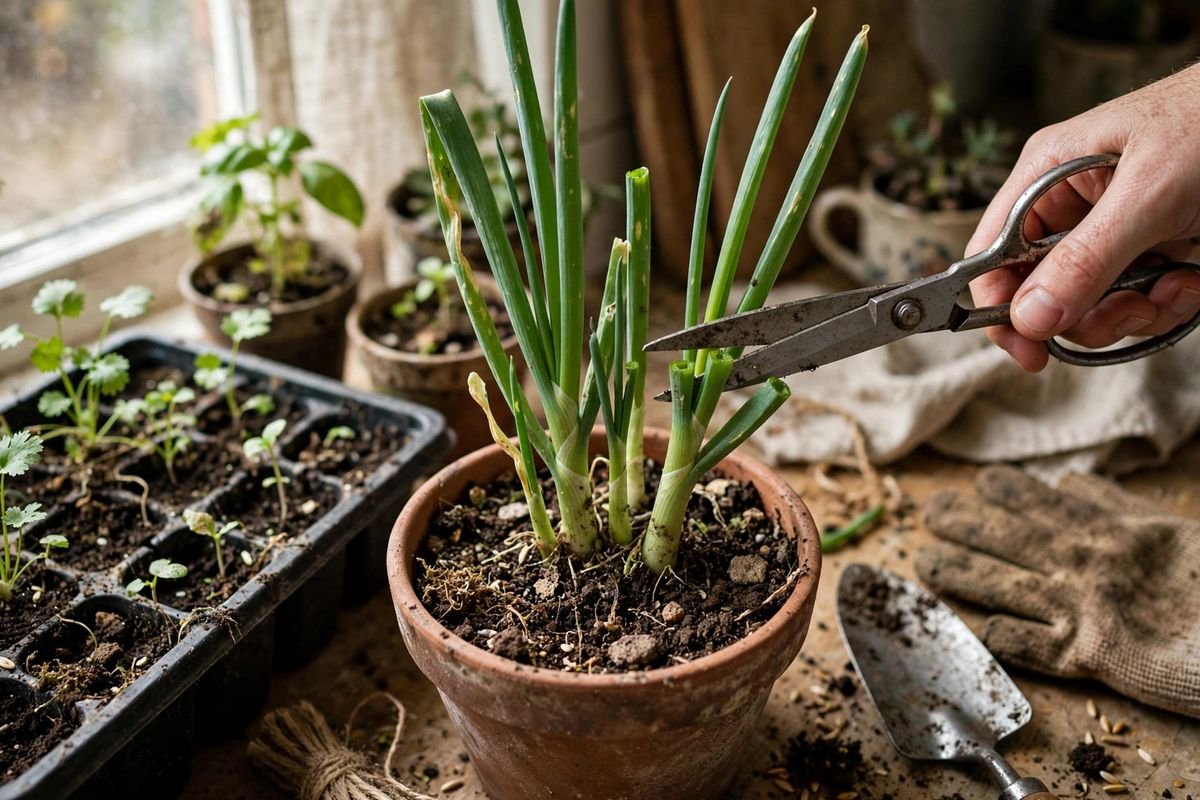 Scissors trimming green onion tops above the base for regrowth in a pot