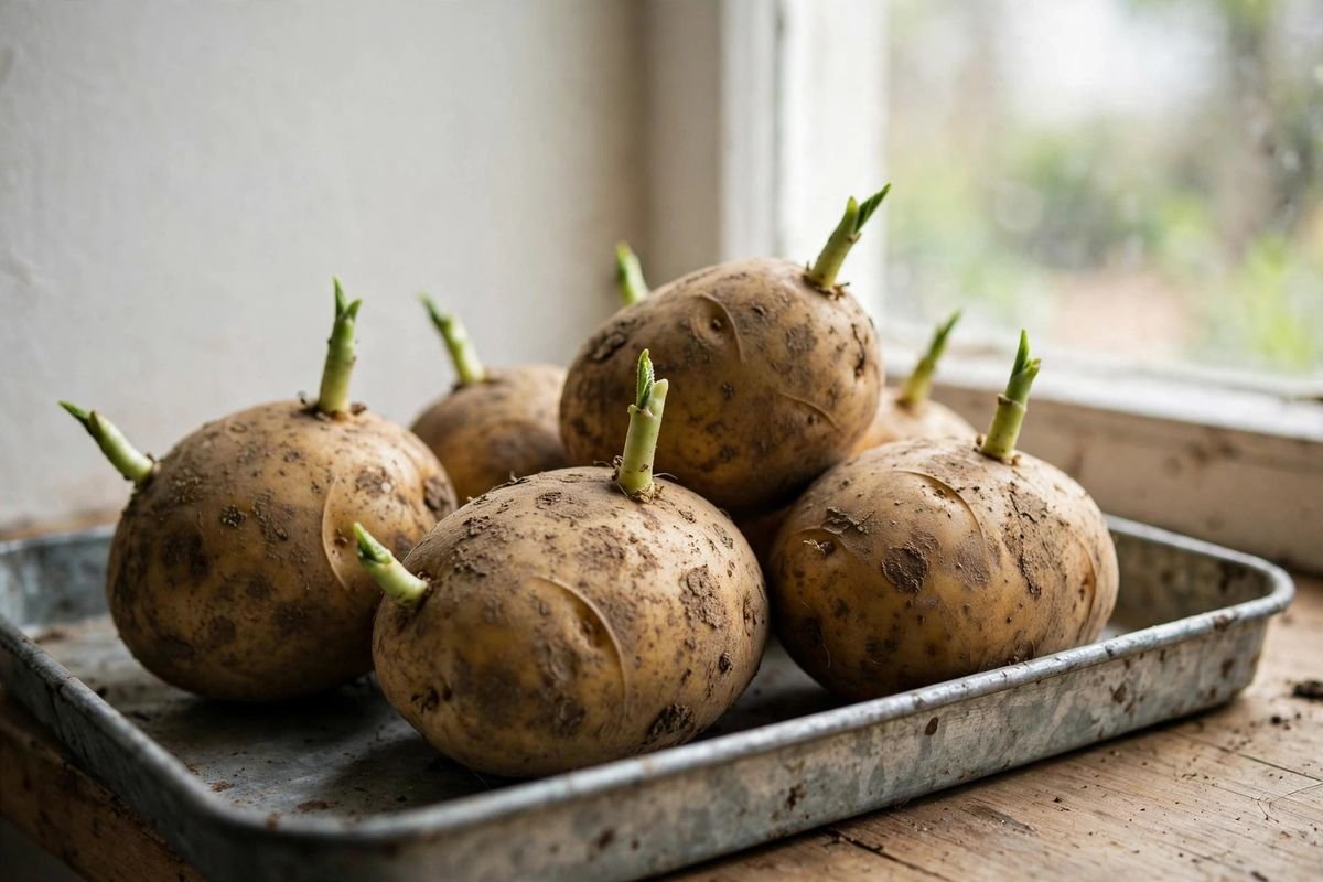 Seed potatoes with short purple sprouts resting on a tray indoors before planting
