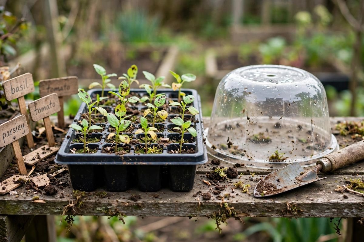 Seed tray with its dome removed and set beside it, seedlings standing in open air on a shelf