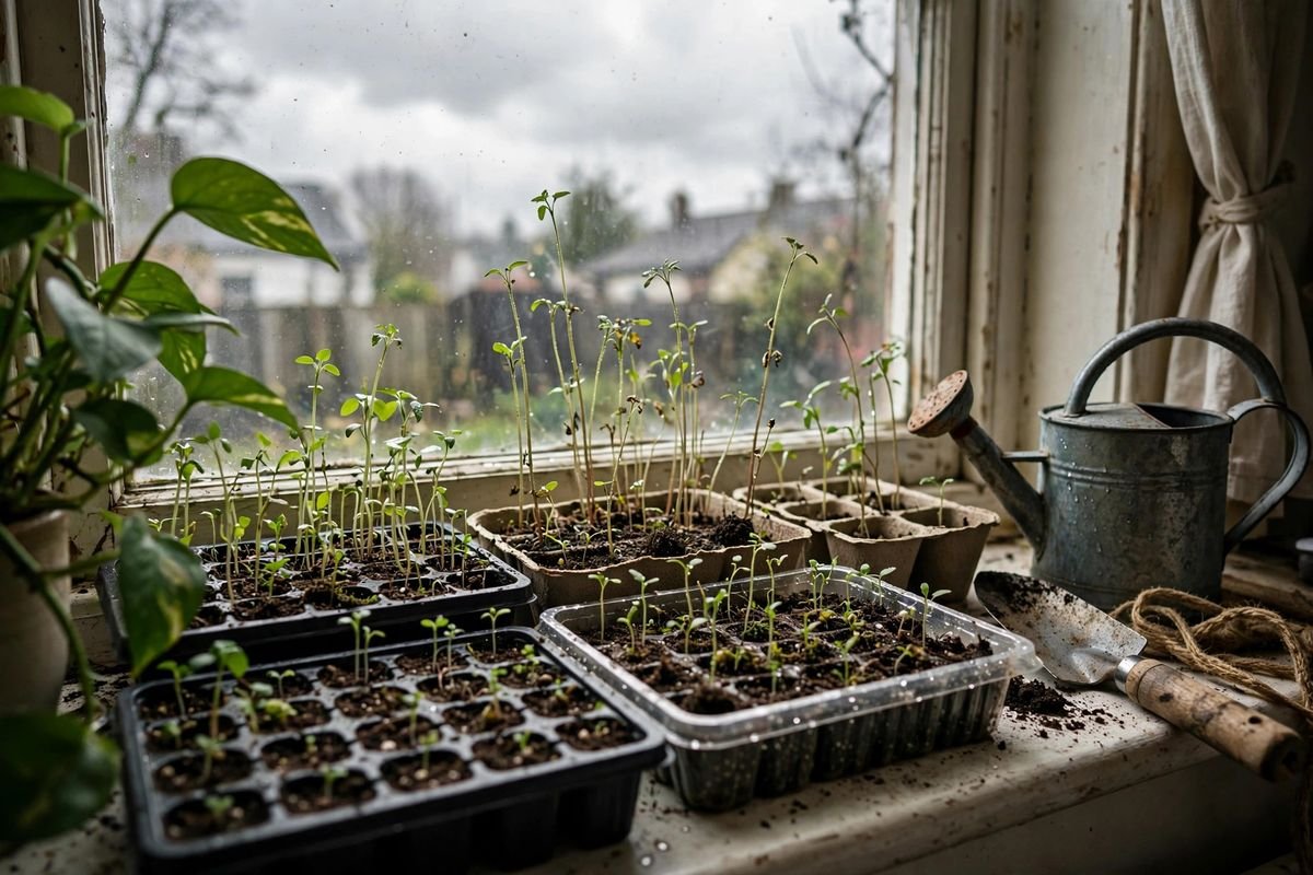 Seed trays crowded on a bright south-facing windowsill with seedlings at uneven heights