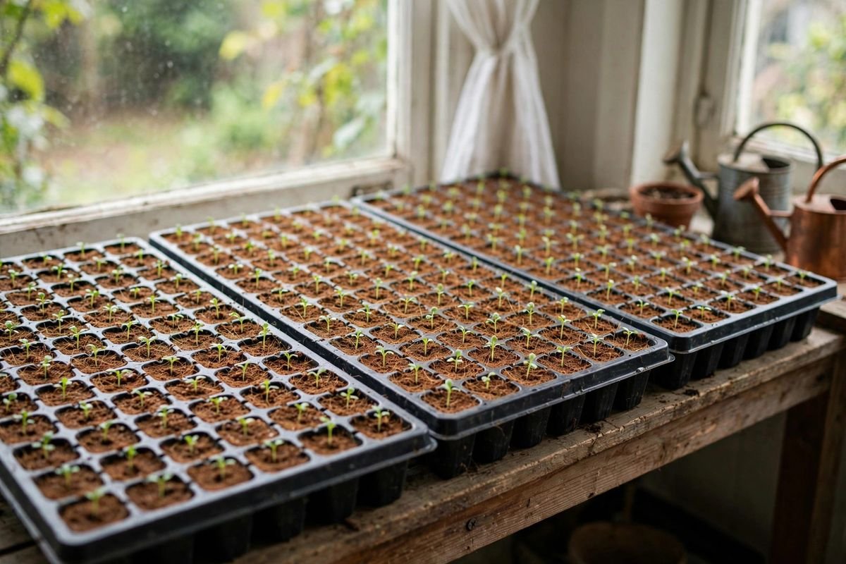 Seed trays filled with a coir-based mix, small green seedlings emerging in even rows