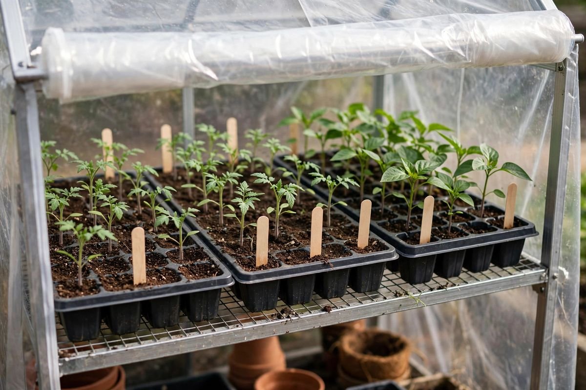 Seed trays with young tomato and pepper seedlings on the top shelf of a mini greenhouse with a handwritten date label on one tray