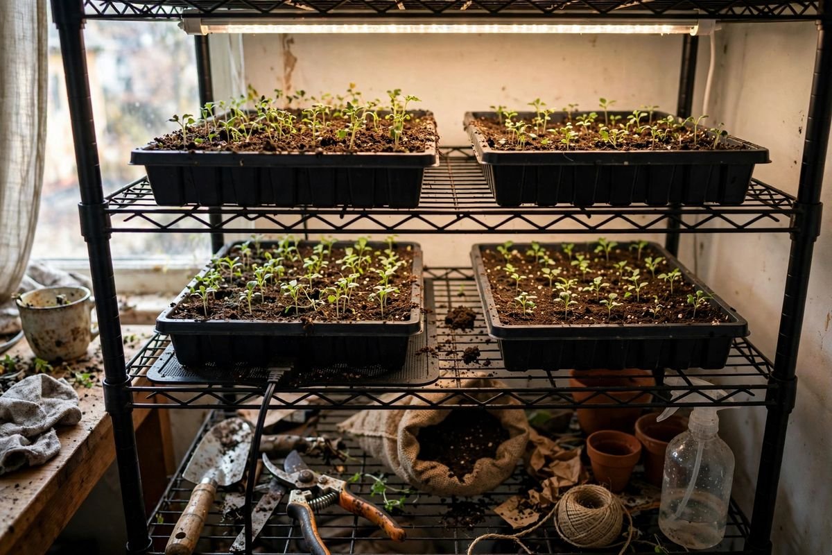 Seedling trays arranged on a wire shelf tier under grow lights with handwritten plant labels and a heat mat