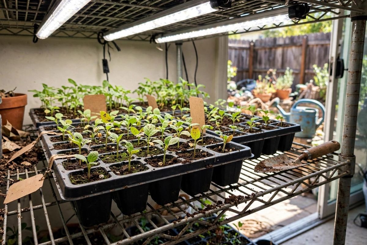 Seedling trays on an indoor shelf under bright grow lights at midday, small green plants in cell packs with soil crumbs on the shelf edge