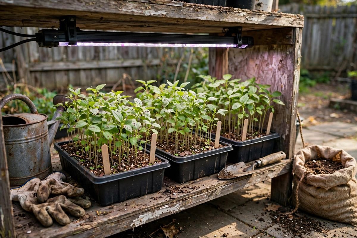 Seedlings at even height growing under a grow light on a shelf with small handwritten plant labels in the soil