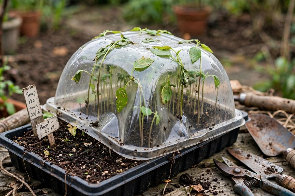 Seedlings pushing against the inside of a low clear dome that is too short for them