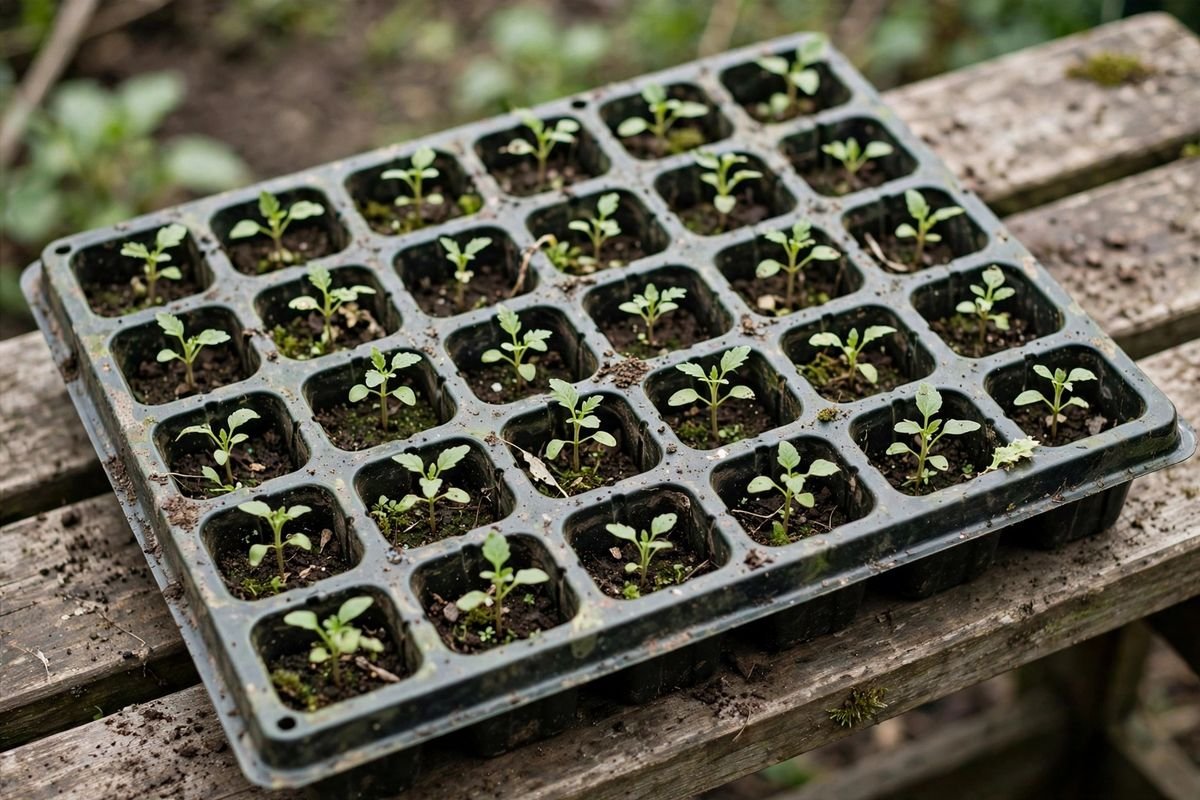 Seedlings spaced apart in a 36-cell tray with room between plants, on a wooden bench in natural light