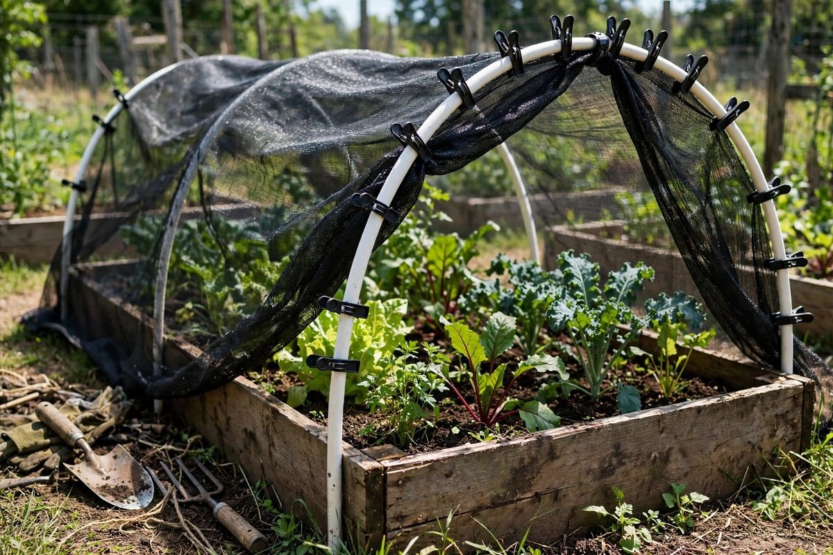 Shade cloth clipped to hoops over a vegetable bed with the ends left open for airflow