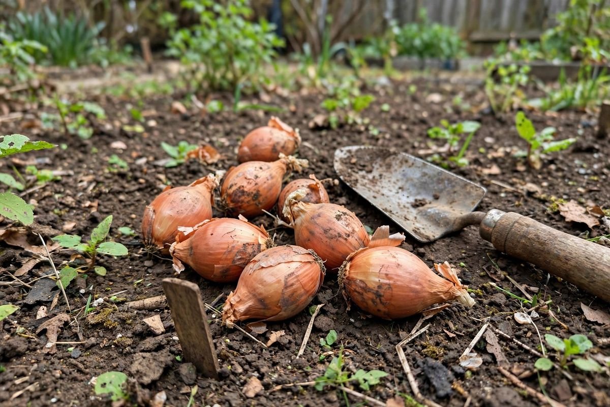 Shallot sets with papery skins resting on prepared garden soil beside a hand trowel