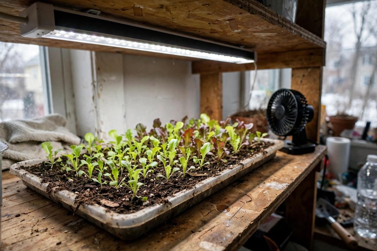 Shallow tray of green and red lettuce seedlings growing under a white LED bar on a wooden shelf with a small fan nearby