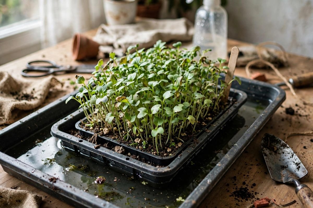 Shallow tray of microgreens sitting in a second tray of water for bottom watering