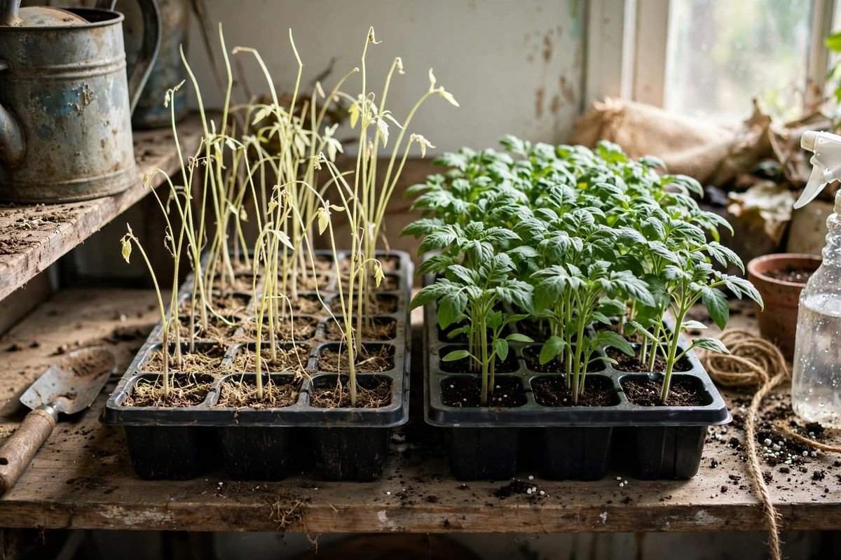 Side-by-side comparison of leggy pale stretched seedlings with thin stems and healthy compact stocky seedlings in seed trays