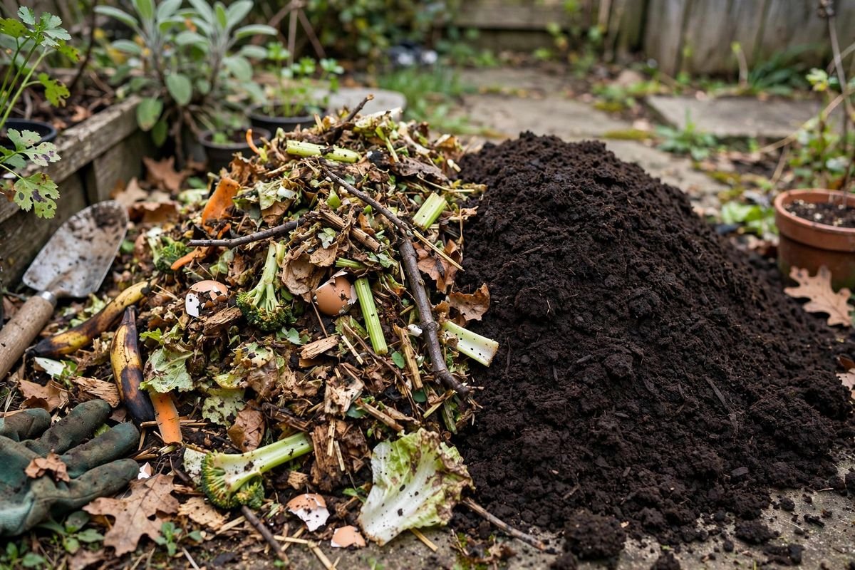 Side-by-side comparison of unfinished chunky compost and dark finished compost